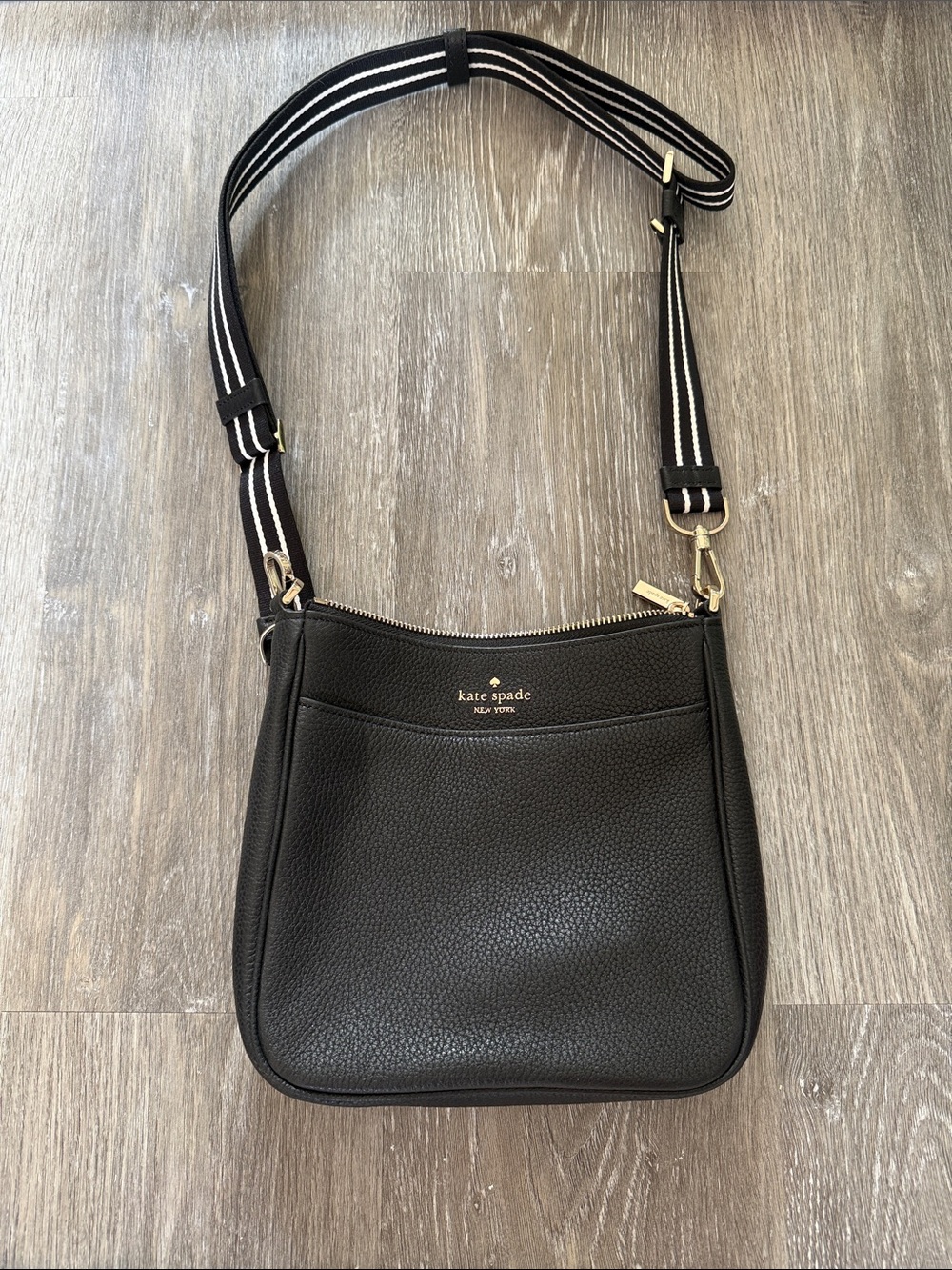 kate spade Black Pebbled Leather Crossbody with Striped Adjustable Strap